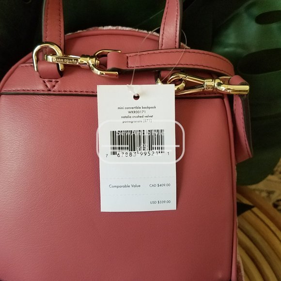 Kate Spade NWT Mini Convertible Velvet Backpack color : pomegranate pink - Picture 8 of 11